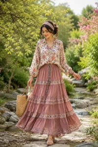 شومیز سنتی دخترانه با دامن بلند در استایل بوهو / استایل شرقی زنانه با شومیز سنتی